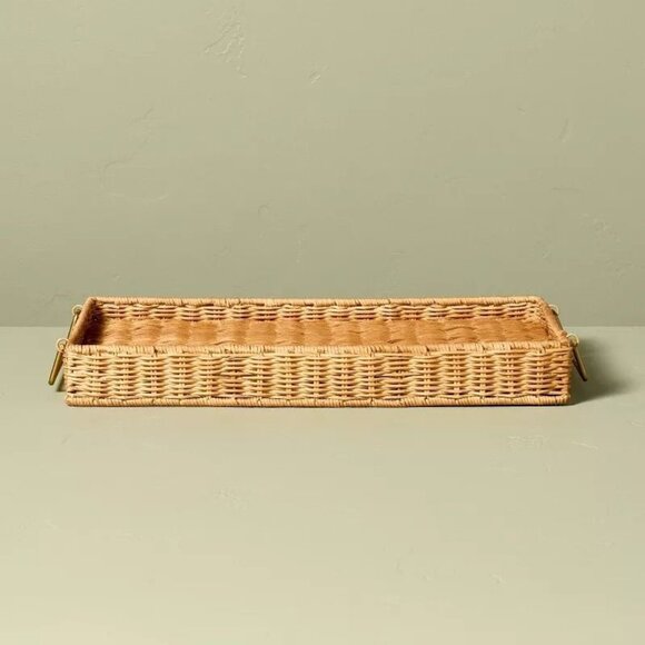 Natural Woven Tray Brass Handles & Foldable Legs - Hearth & Hand Magnolia Target - Picture 3 of 9